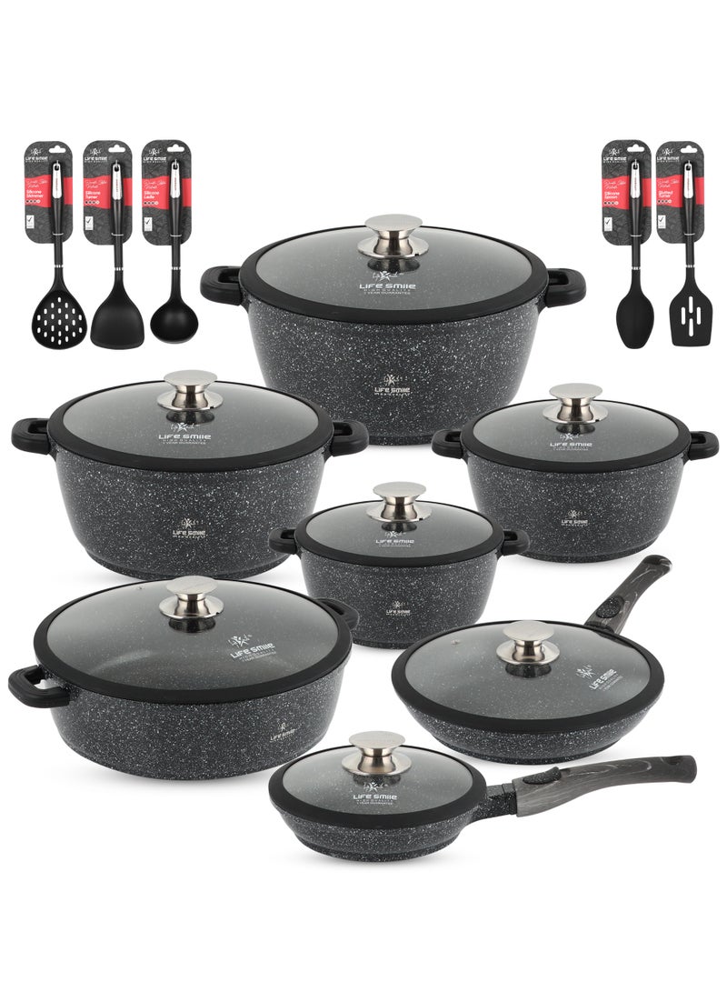 Life Smile Nonstick Cookware Set 29 pcs Cookwares-Induction Base Pots and Pans set-Granite Coating Cooking Pots set Includes 32x14.5cm Casserole with Lid, 28x12.7cm Casserole with Lid, 24x11.4cm Casserole with Lid, 20x9.2cm Casserole with Lid, 28x5.5cm Fry pan 20x4.5cm Fry pan 32x9cmShallow pot & Silicone Utensils - Image 1