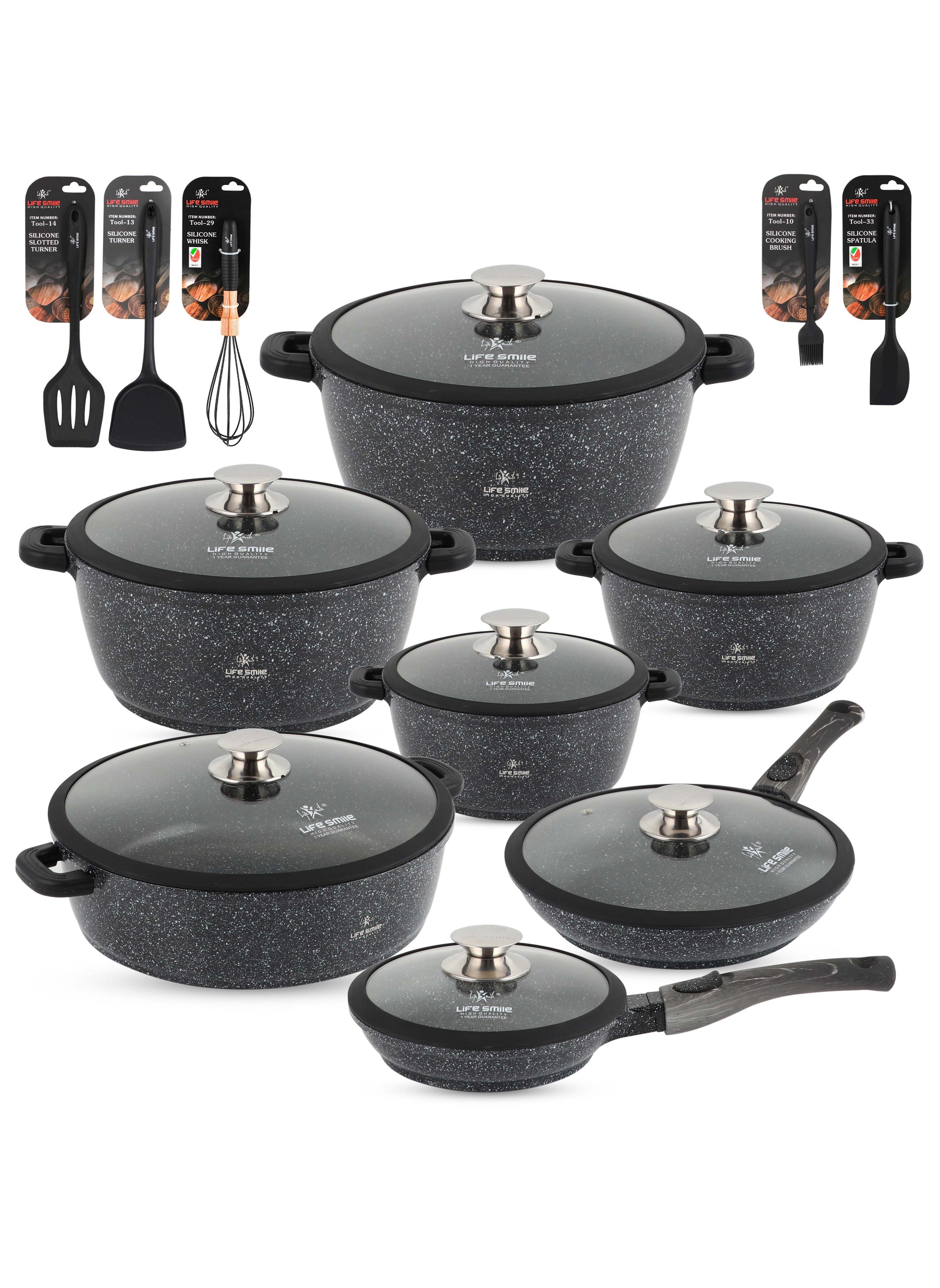 Life Smile Cookware Set 29 pieces - LIFE SMILE Pots and Pans set Granite Non Stick Coating 100% PFOA FREE, Induction Base Cooking Set include Casseroles & Shallow Pot & Fry Pans & Silicone Utensils 