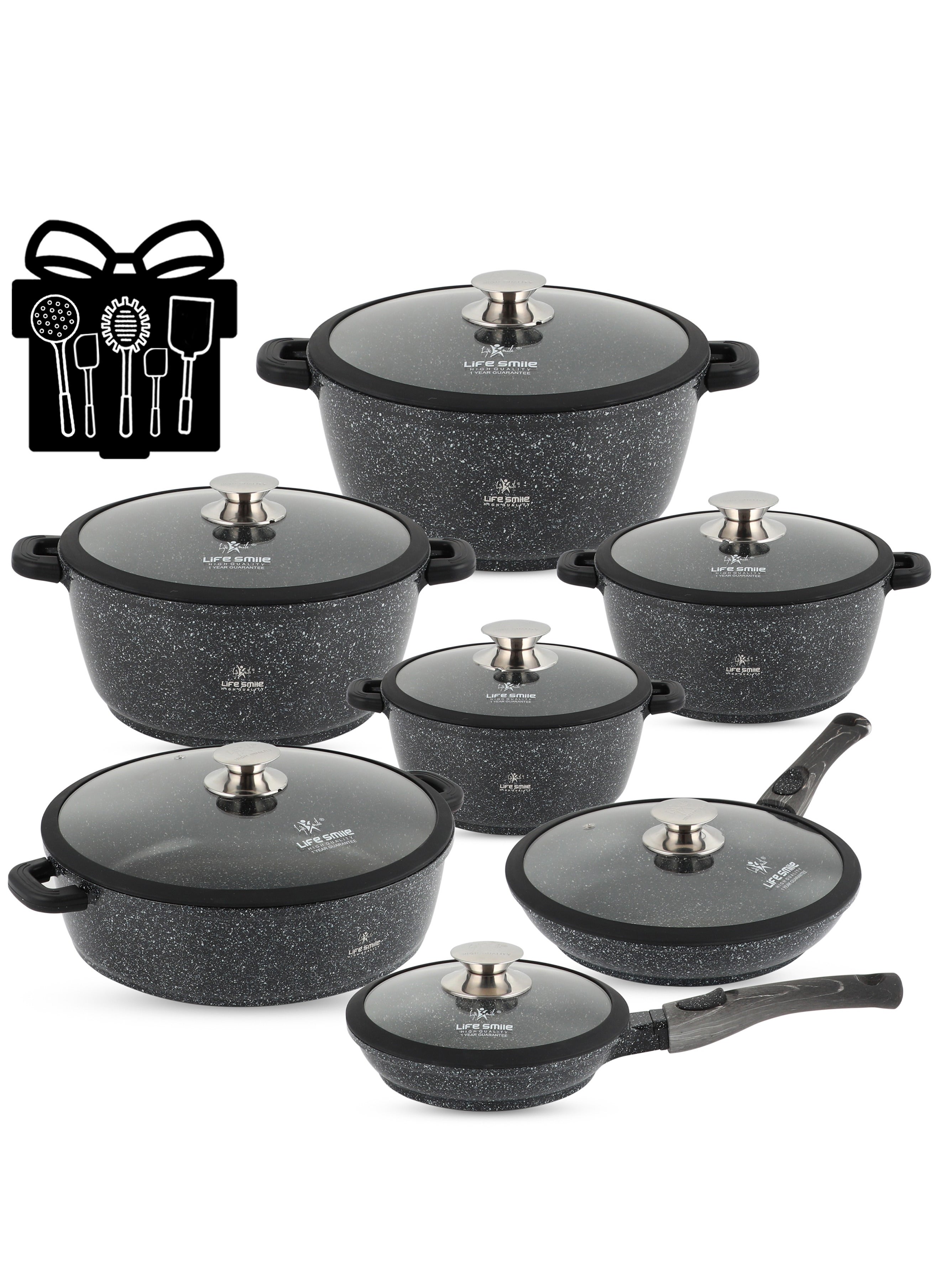 Life Smile Cookware Set 29 pieces - LIFE SMILE Pots and Pans set Granite Non Stick Coating 100% PFOA FREE, Induction Base Cooking Set include Casseroles & Shallow Pot & Fry Pans & Silicone Utensils 