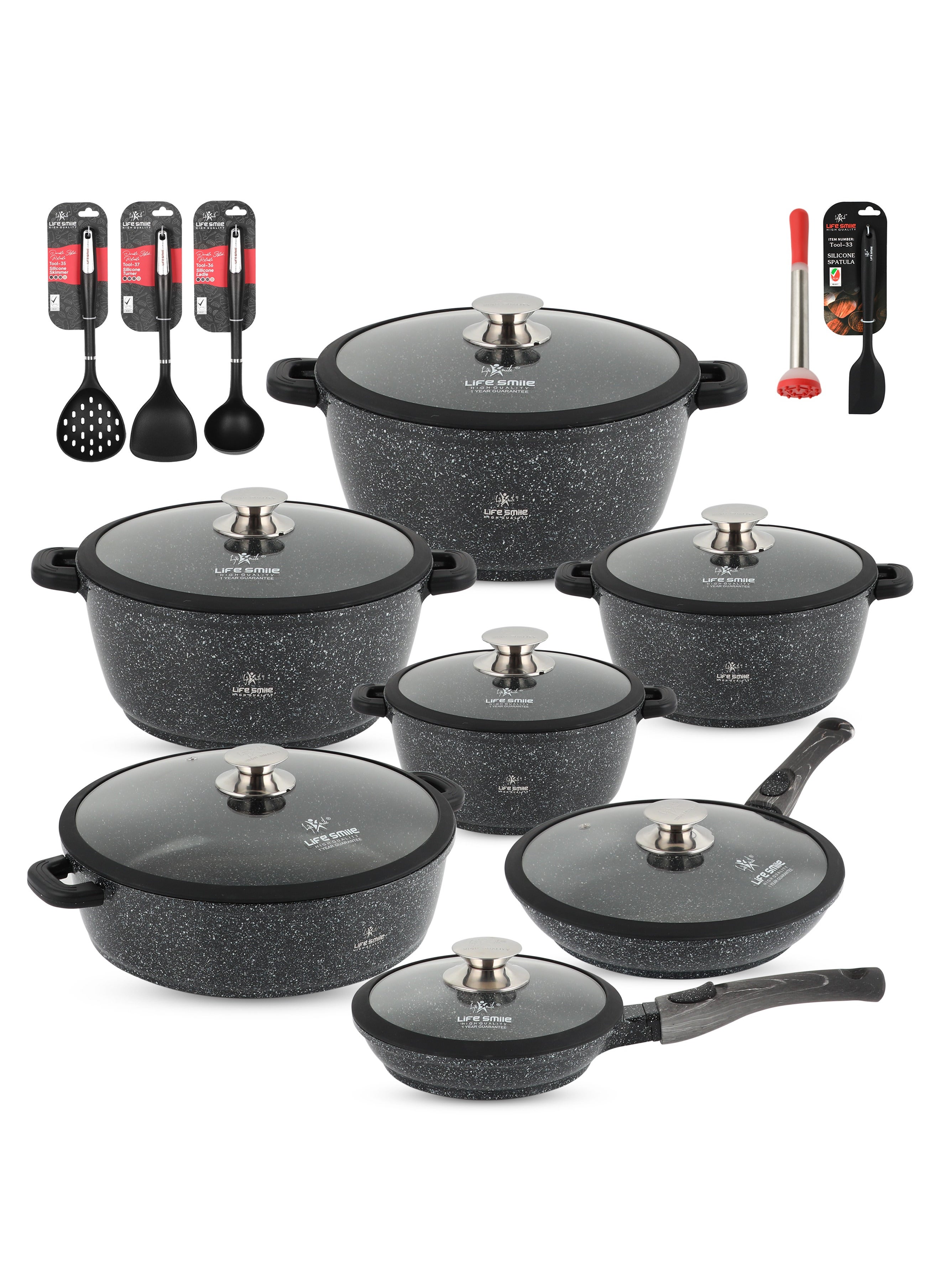 Life Smile Cookware Set 29 pieces - LIFE SMILE Pots and Pans set Granite Non Stick Coating 100% PFOA FREE, Induction Base Cooking Set include Casseroles & Shallow Pot & Fry Pans & Silicone Utensils 