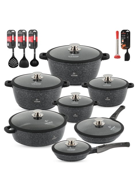 Nonstick Cookware Set 29 pcs Cookwares-Induction Base-Granite Coating  32x14.5cm Casserole with Lid, 28x12.7cm Casserole with Lid, 24x11.4cm Casserole with Lid, 20x9.2cm Casserole with Lid, 28x5.5cm Fry pan 20x4.5cm Fry pan 32x9cmShallow pot & Silicone Utensils