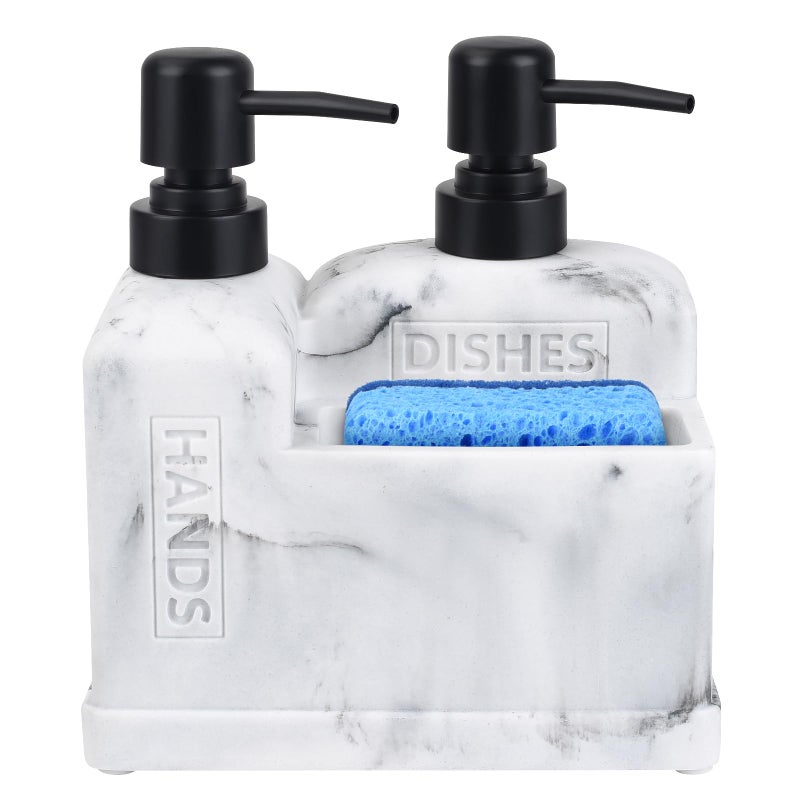 Kitchen Hand Soap and Dish Soap Dispenser SetDual Soap Dispenser with Sponge Holder 3in1 Organizer for Kitchen SinkBathroomUseful Kitchen Gadgets White Marble Look