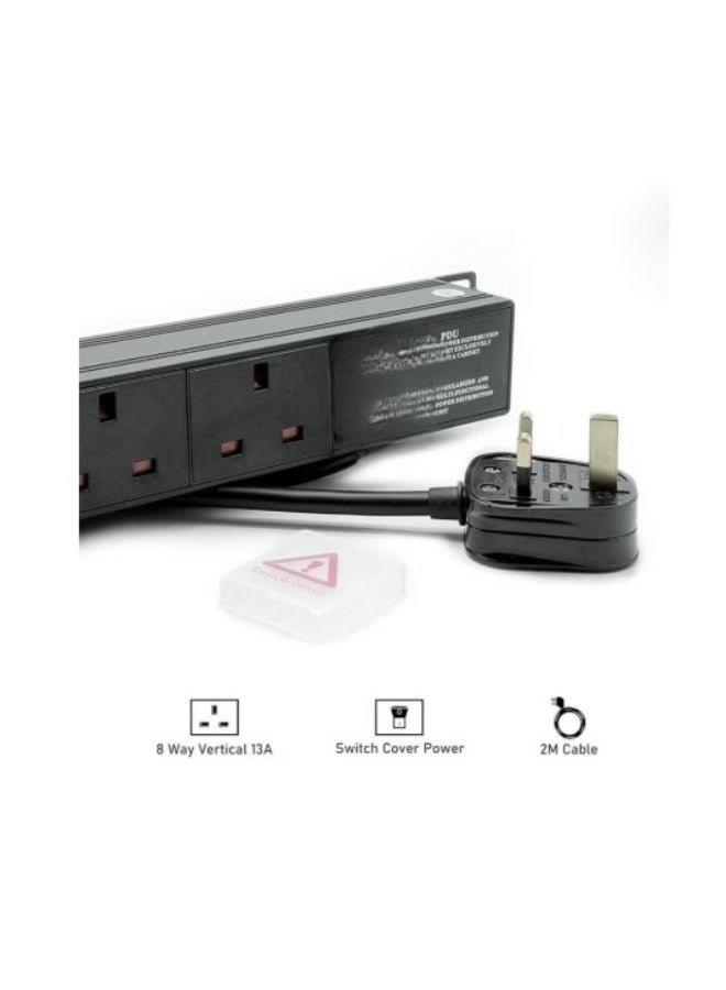 Terabyte PDU 8 WAY 1U rack-mounted 8-unit 13A UK Plug PDU Power Strip Network Cabinet Rack Socket 2M Extension Cable Standard Outlet Switch Supply Power Distribution Aluminum - Black Color - Image 3