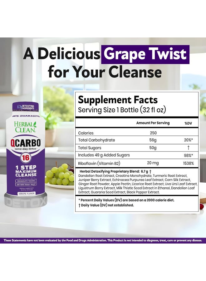 Herbal Clean Qcarbo16 Same-Day Detox Cleanse Drink (16 fl oz) - Grape Flavor Full Body Cleanse* Detox Drink for Moderate Toxin Level*, Vitamin B2 and Vitamin B12 for Men & Women - Image 2