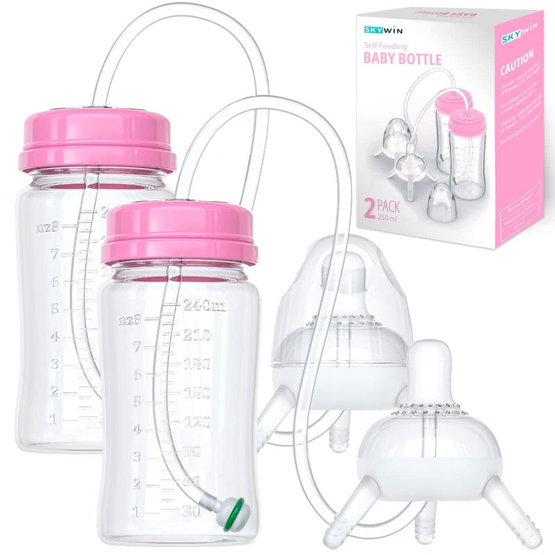 Skywin Self Feeding Baby Bottle 8oz Bottle Holder for Baby - 2 Pack Baby Bottle with Straw, Anti Colic, for Convenient Feeding (Pink) - Image 1