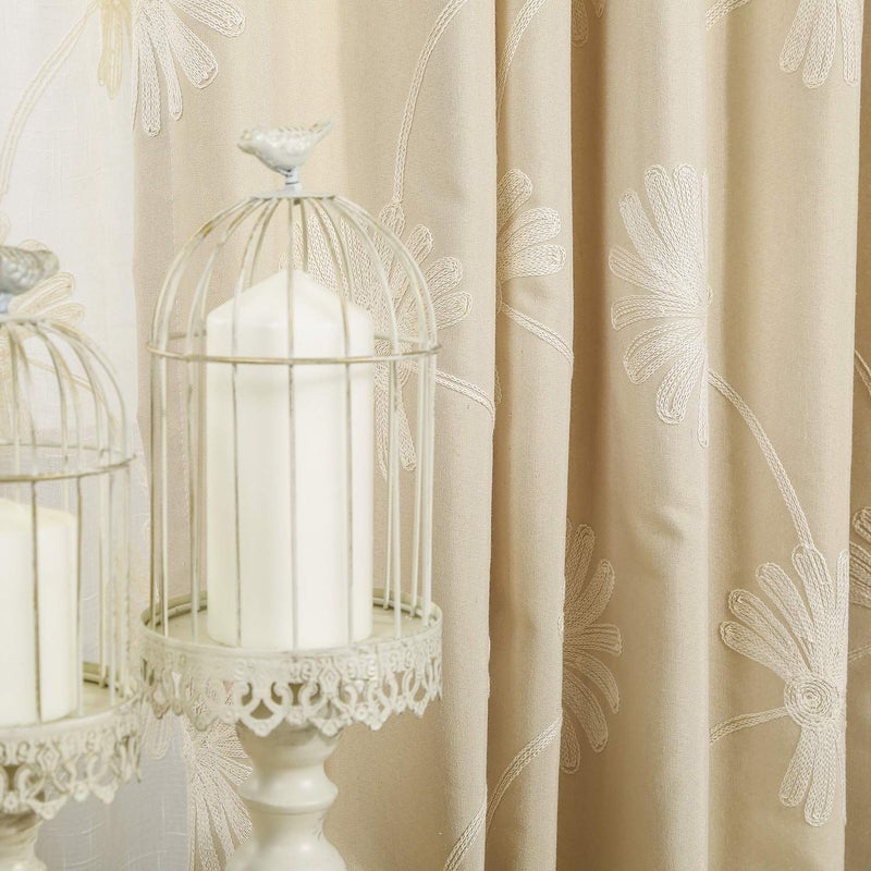 Floral Embroidered Grommet Curtains - 52x84 in, 2 Panels, Beige - Image 3