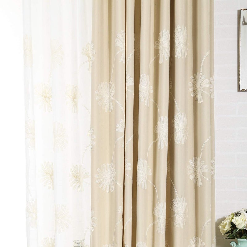 Floral Embroidered Grommet Curtains - 52x84 in, 2 Panels, Beige - Image 2
