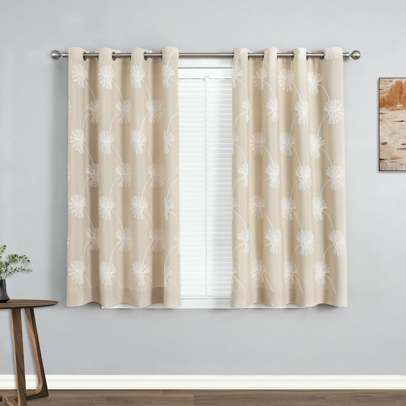 Floral Embroidered Grommet Curtains - 52x84 in, 2 Panels, Beige - Image 1