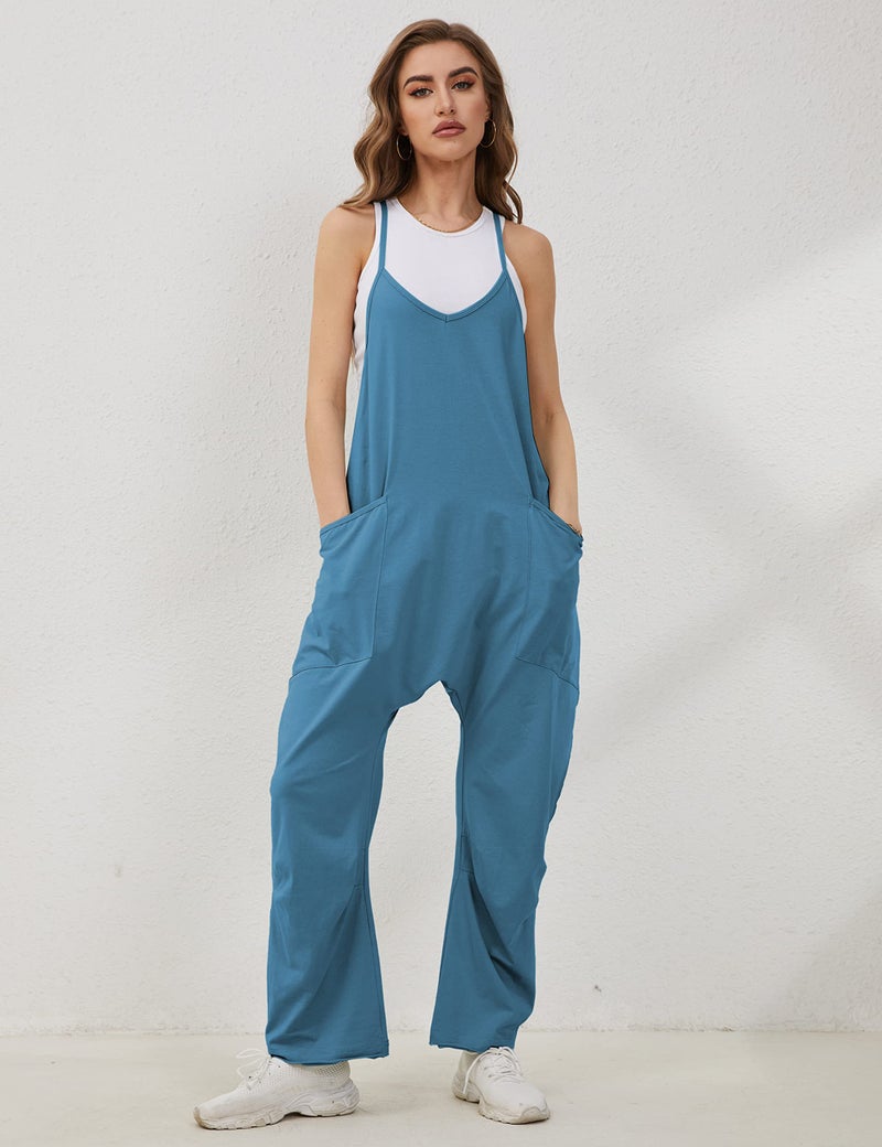 Lentta Women's Causal Jumpsuits V Neck Sleeveless Harem Overalls Stretchy Adjustable Strap Romper with Pockets(Navy-XXL) - Image 4