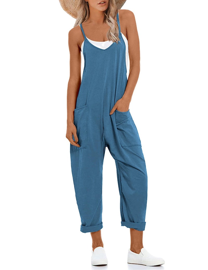 Lentta Women's Causal Jumpsuits V Neck Sleeveless Harem Overalls Stretchy Adjustable Strap Romper with Pockets(Navy-XXL) - Image 1
