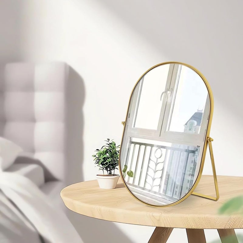 Tazweeq Vanity Desk Table Mirror, Oval Makeup Mirror 90°Adjustable Rotation, Gold Metal Frame Standing Mirror For Living Room, Bedroom, Desktop, Bathroom Interior Decoration - Image 2