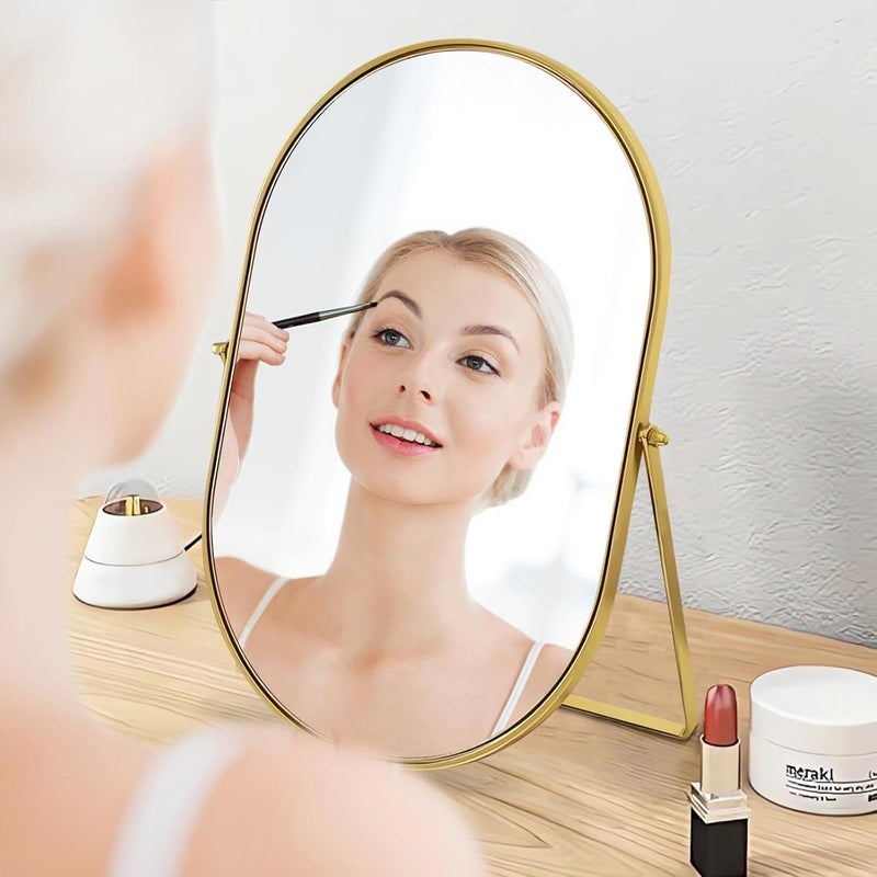 Tazweeq Vanity Desk Table Mirror, Oval Makeup Mirror 90°Adjustable Rotation, Gold Metal Frame Standing Mirror For Living Room, Bedroom, Desktop, Bathroom Interior Decoration - Image 5