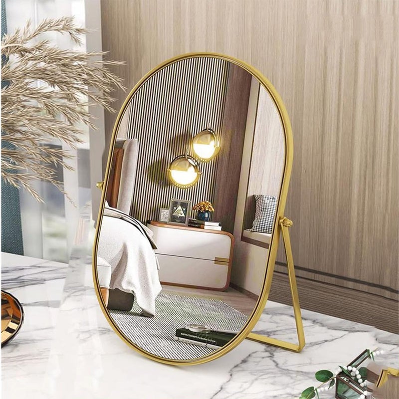 Tazweeq Vanity Desk Table Mirror, Oval Makeup Mirror 90°Adjustable Rotation, Gold Metal Frame Standing Mirror For Living Room, Bedroom, Desktop, Bathroom Interior Decoration - Image 1