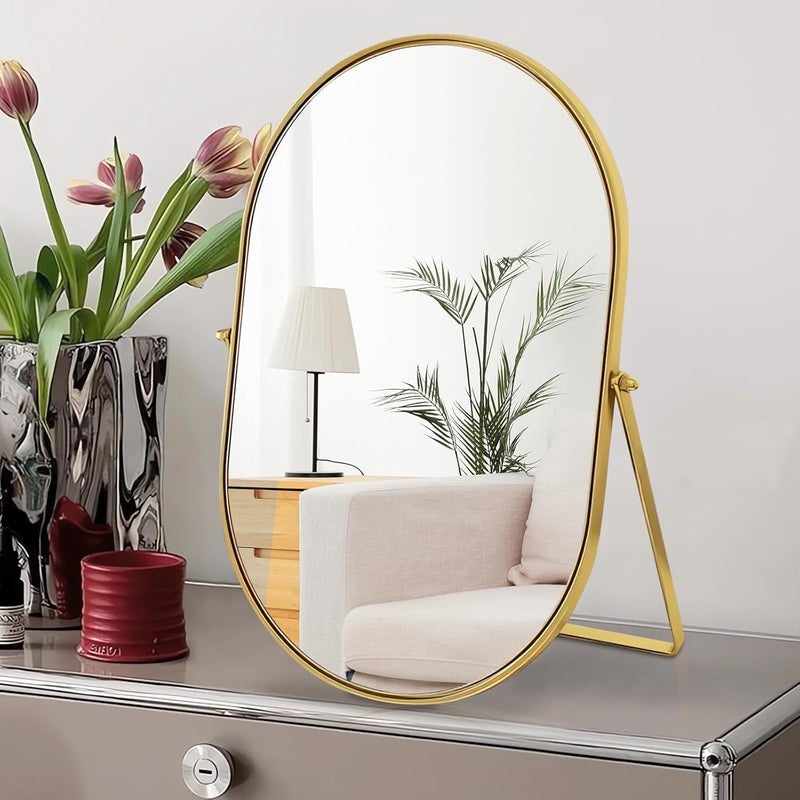 Tazweeq Vanity Desk Table Mirror, Oval Makeup Mirror 90°Adjustable Rotation, Gold Metal Frame Standing Mirror For Living Room, Bedroom, Desktop, Bathroom Interior Decoration - Image 3