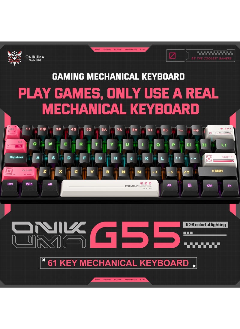 onikuma - G55 Mechanical Gaming Keyboard,61 Keys Ultral Compact Wired Keyboard with RGB Backlit,Easy to Carry on Business Trip,for PC/Mac Gamer - Image 1