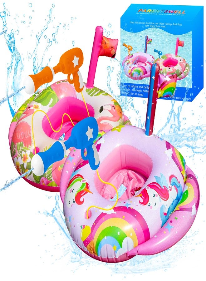 Parentswell 2 Pack Pool Floats Kids with Water Guns, Inflatable Pool Toys for Kids, Ages 3-8 Toddler Kid Floaties for Summer Swimming Water Games Parties (Flamingo Unicorn) - Image 1