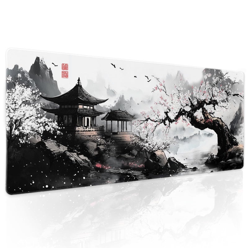 Black Whtie Japanese Gaming Mouse Pad XL Anime Sakura Cherry Blossom Tree Extended Large Mat Mousepad Desk Pad NonSlip Rubber Base Stitched Edge Long Keyboard Pad for Computer315118 Inch