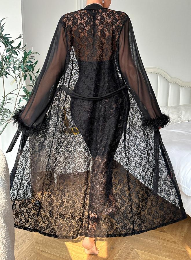 Take Two Black Lace Halter Neck Slip and Robe Set - Image 3