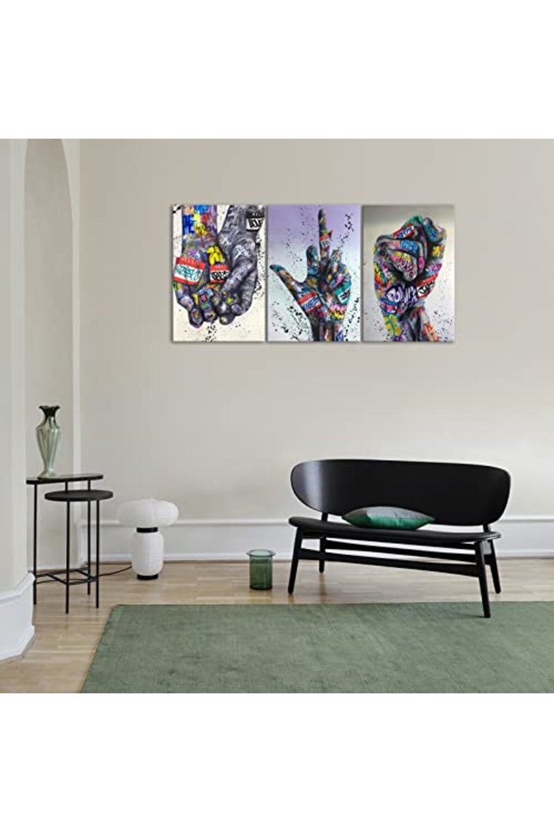 KAWAHONE 3 Pieces Colorful Graffiti Wall Art - Street Art Canvas Graffiti Hip Hop Gesture Posters Decor - Image 3