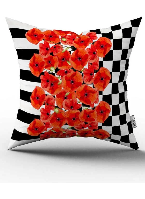 Cango Home Double Sided Red Black Checkered Striped Floral Patterned Digital Printed Throw Pillow Cover CGH1073