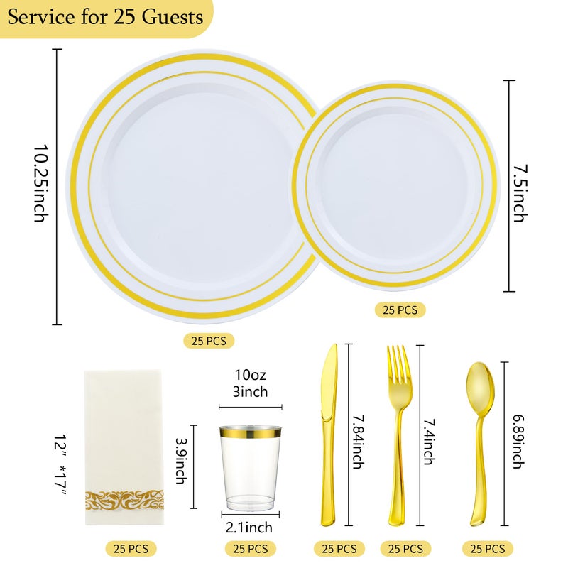 ISFANGCO 175 PCS Gold Dinnerware Set for 25 Guests  Gold Rimmed White Heavy Duty Plastic Disposable Plates for Party Wedding with 25 Dinner Plates Dessert Plates  Silverware Set  Cups  Napkins - Image 2