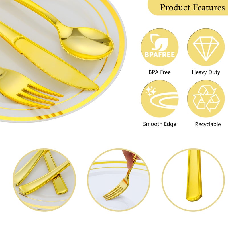 ISFANGCO 175 PCS Gold Dinnerware Set for 25 Guests  Gold Rimmed White Heavy Duty Plastic Disposable Plates for Party Wedding with 25 Dinner Plates Dessert Plates  Silverware Set  Cups  Napkins - Image 3