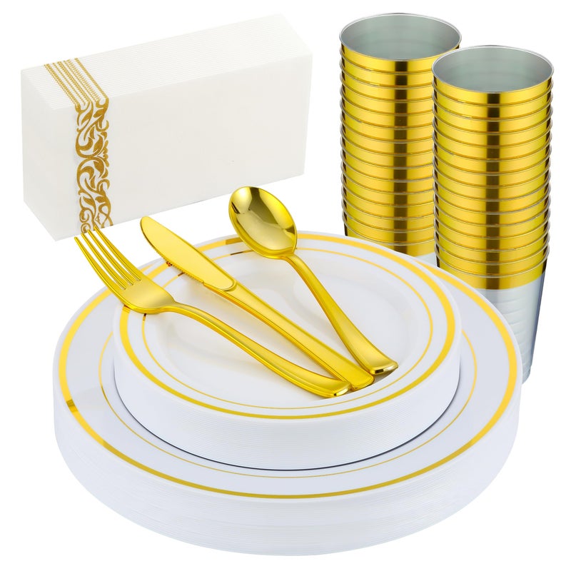 ISFANGCO 175 PCS Gold Dinnerware Set for 25 Guests  Gold Rimmed White Heavy Duty Plastic Disposable Plates for Party Wedding with 25 Dinner Plates Dessert Plates  Silverware Set  Cups  Napkins - Image 1