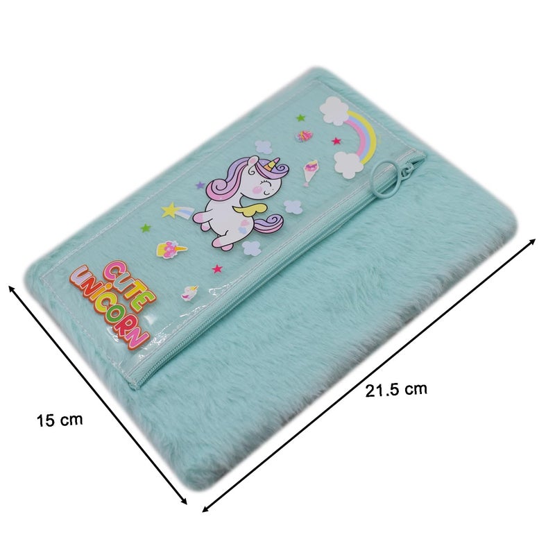 Asera 1 Pc Fur Plush Diary with attached Pencil Pouch for Kids (21.5 * 15 cms) / Birthday Return Gifts for Kids, 70 Pages (Unicorn Blue) - Image 3