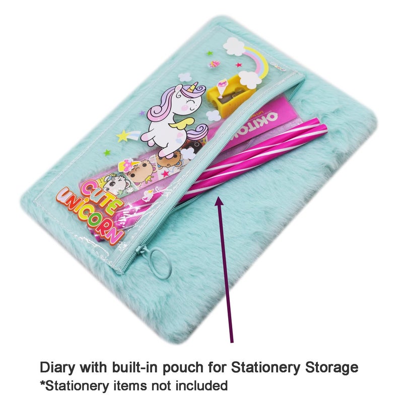 Asera 1 Pc Fur Plush Diary with attached Pencil Pouch for Kids (21.5 * 15 cms) / Birthday Return Gifts for Kids, 70 Pages (Unicorn Blue) - Image 2