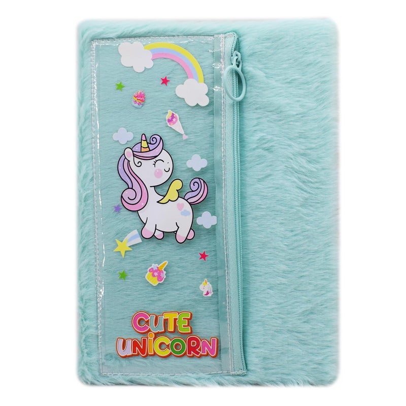 Asera 1 Pc Fur Plush Diary with attached Pencil Pouch for Kids (21.5 * 15 cms) / Birthday Return Gifts for Kids, 70 Pages (Unicorn Blue) - Image 1