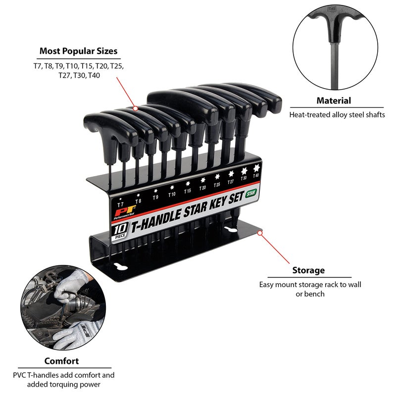 Performance Tool W80276 10-Piece Star T-Handle Allen Wrench Set Long Arm Hex Key Wrench Set - Image 2