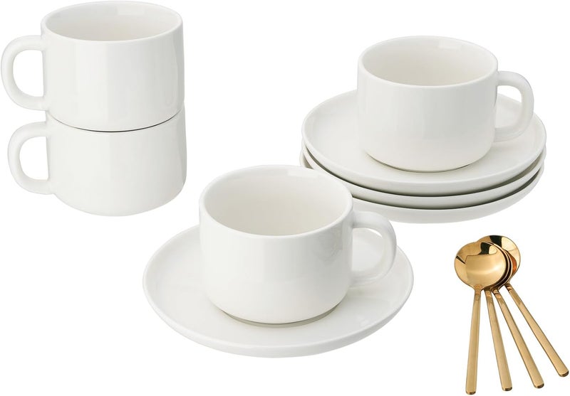 CHILDIKE Porcelain Coffee Cups and Saucers Set of 4 with Gold Spoon 220 ml 7 Ounce Ceramic White Cup for Tea Cappuccino Espresso - Image 1