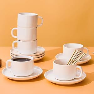 CHILDIKE Porcelain Coffee Cups and Saucers Set of 4 with Gold Spoon 220 ml 7 Ounce Ceramic White Cup for Tea Cappuccino Espresso - Image 2
