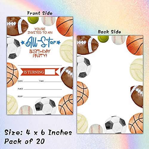 Foosproea Sports Birthday Invitations with Envelopes - Birthday Party Invitation Card for Boys / Girls - All Star Fill-in Invites Cards - Basketball, Baseball, Football Party Celebration (20 Pack)-29 - Image 2
