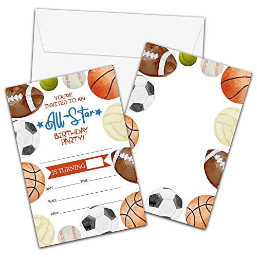 Foosproea Sports Birthday Invitations with Envelopes - Birthday Party Invitation Card for Boys / Girls - All Star Fill-in Invites Cards - Basketball, Baseball, Football Party Celebration (20 Pack)-29 - Image 1