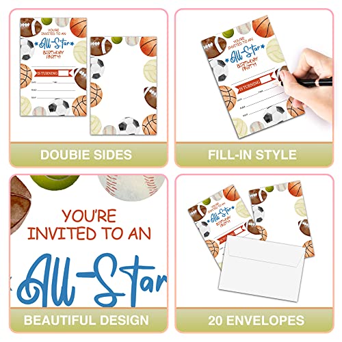 Foosproea Sports Birthday Invitations with Envelopes - Birthday Party Invitation Card for Boys / Girls - All Star Fill-in Invites Cards - Basketball, Baseball, Football Party Celebration (20 Pack)-29 - Image 3