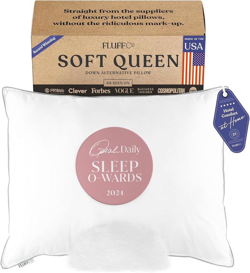 FluffCo Zen Fluff Pillows  Down Alternative Queen Size Pillow  StandardQueen Bed Pillow for Sleeping Made in USA  Luxury Hotel Pillow  100 Cotton 300 Thread Count Soft Queen Size 1 Pack