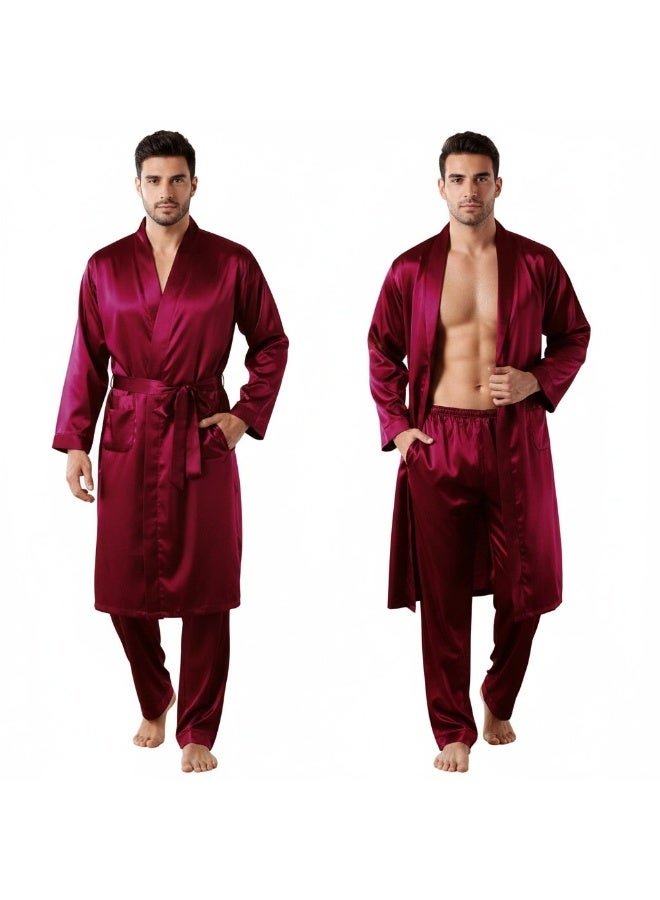 Men's satin robe and trousers set, burgundy color, with waist belt and side pockets, 2 pieces