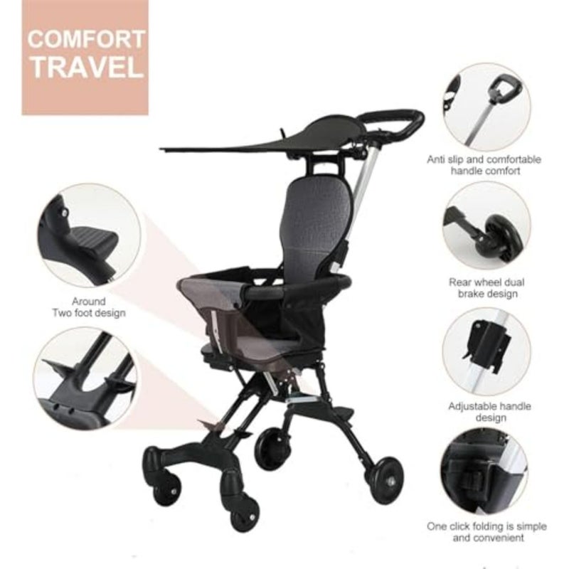 Lightweight stroller for shopping, walking, travel; aluminum frame, navy blue; compact fold, adjustable handles, UPF 50+ sunshade - Image 4
