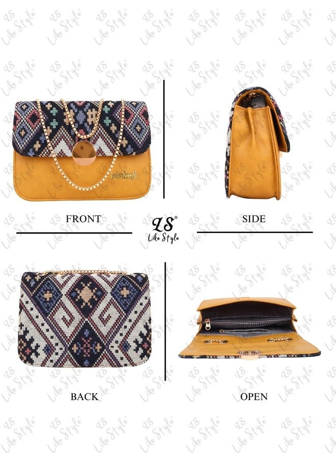 LIKE STYLE Jute Sling Bag with Ethnic Pattern Flap Magnetic Closure (Beige) - Image 4
