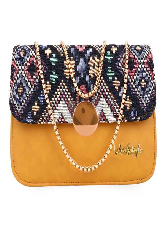 LIKE STYLE Jute Sling Bag with Ethnic Pattern Flap Magnetic Closure (Beige) - Image 1