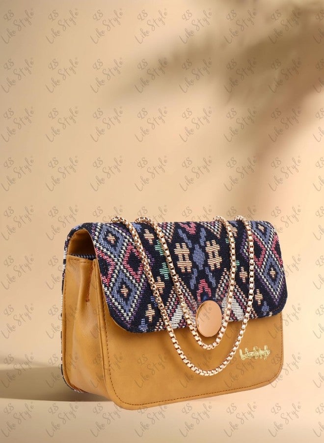 LIKE STYLE Jute Sling Bag with Ethnic Pattern Flap Magnetic Closure (Beige) - Image 2