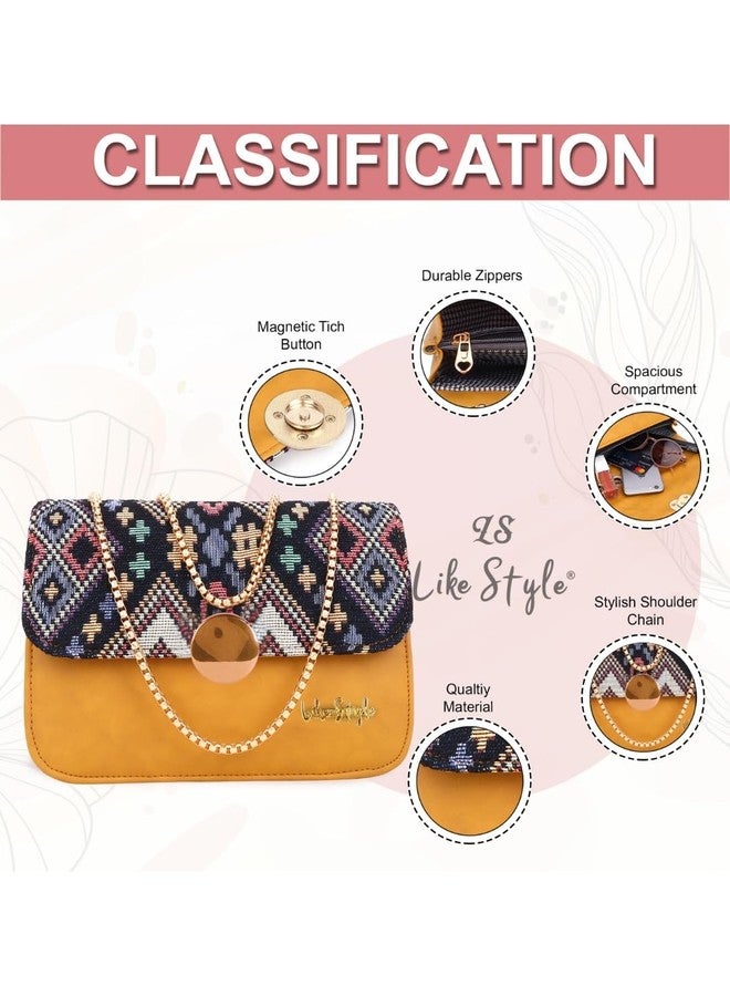 LIKE STYLE Jute Sling Bag with Ethnic Pattern Flap Magnetic Closure (Beige) - Image 3