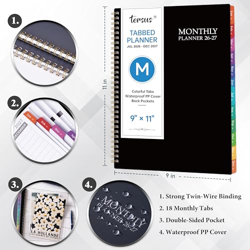 Tersus Planner 2026-2027 - Monthly Calendar 2026-2027, Colorful Monthly Tabs, Jul 2026 - Dec 2027, 9" x 11" Large Planner/Calendar, Back Pocket, Perfect for School Office Home Planning - Image 5
