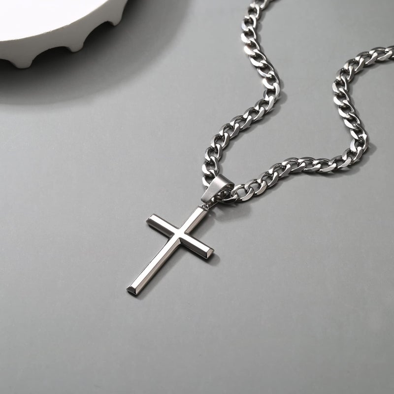 Besteel 925 Sterling Silver Cross Necklace Beveled Edge for Men Women 5mm Stainless Steel Diamond Cut Durable Cuban Link Curb Chain Crucifix Pendant Necklace Jewelry 16 Inches - Image 5