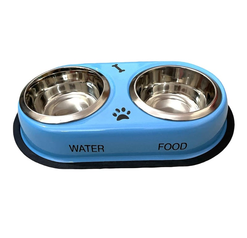 DOGTOWN Stainless Steel Double Diner Dog and Cat Food Bowls with Anti Slip Mat - Set for Drinking or Eating Food (Large - Blue) ?30L x 20W x 8H Cms - Image 2