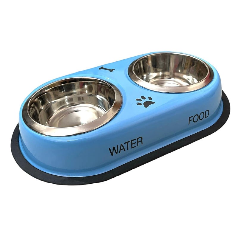 DOGTOWN Stainless Steel Double Diner Dog and Cat Food Bowls with Anti Slip Mat - Set for Drinking or Eating Food (Large - Blue) ?30L x 20W x 8H Cms - Image 1