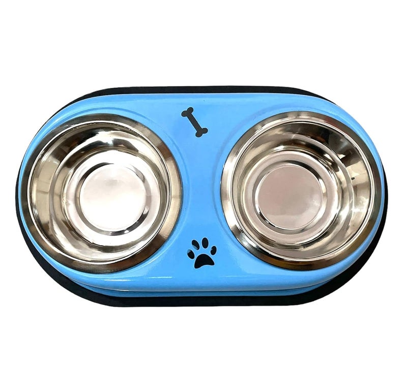DOGTOWN Stainless Steel Double Diner Dog and Cat Food Bowls with Anti Slip Mat - Set for Drinking or Eating Food (Large - Blue) ?30L x 20W x 8H Cms - Image 3