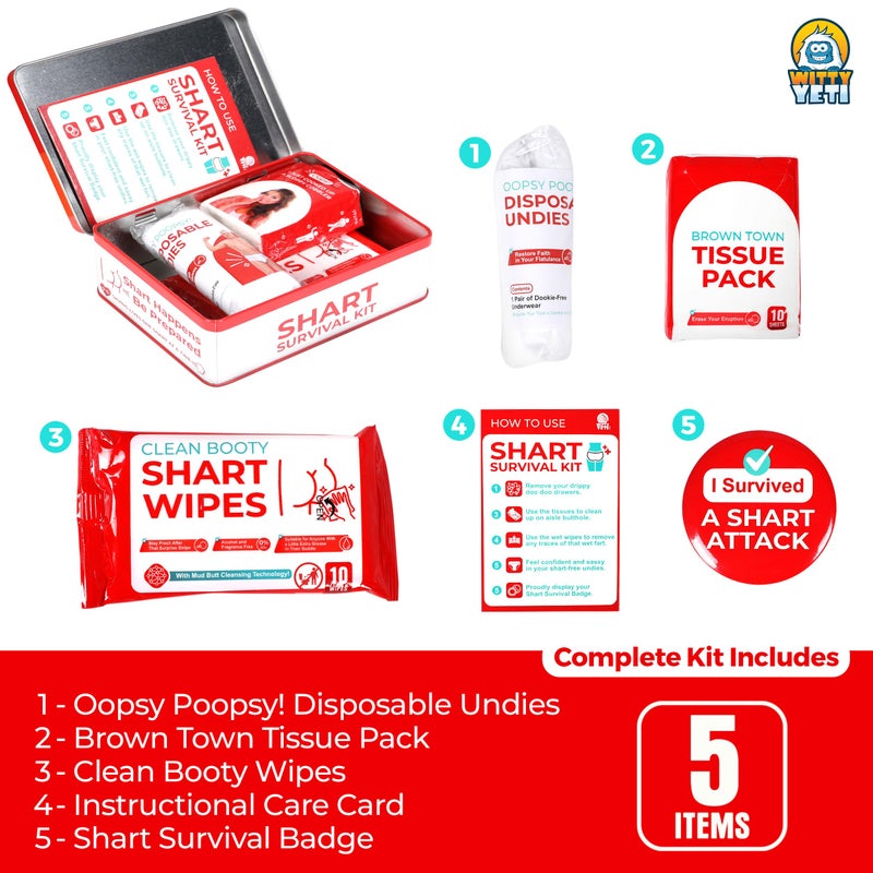 Witty Yeti Funny Shart Survival Kit by Witty Yeti. Ultimate Poop Prank Gag Gift Set Contains Wet Wipes, Disposable Underwear, Tissues and Hilarious Badge. Novelty Fart Potty Pack Great for Friends or Family - Image 3