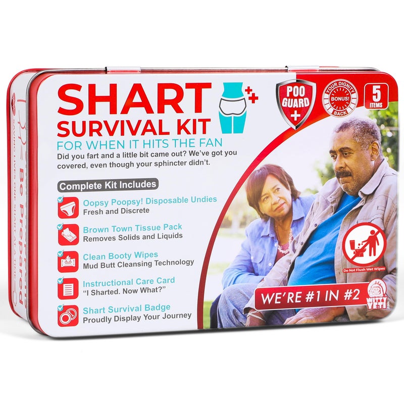 Witty Yeti Funny Shart Survival Kit by Witty Yeti. Ultimate Poop Prank Gag Gift Set Contains Wet Wipes, Disposable Underwear, Tissues and Hilarious Badge. Novelty Fart Potty Pack Great for Friends or Family - Image 1